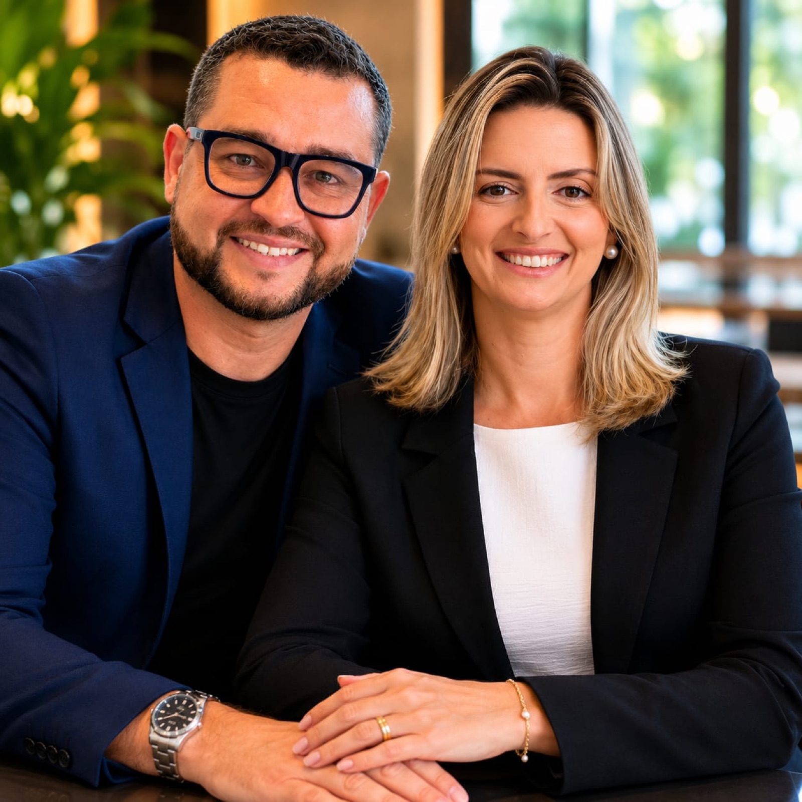 Luiza Palmerini e Bernardo sorrindo, lado a lado